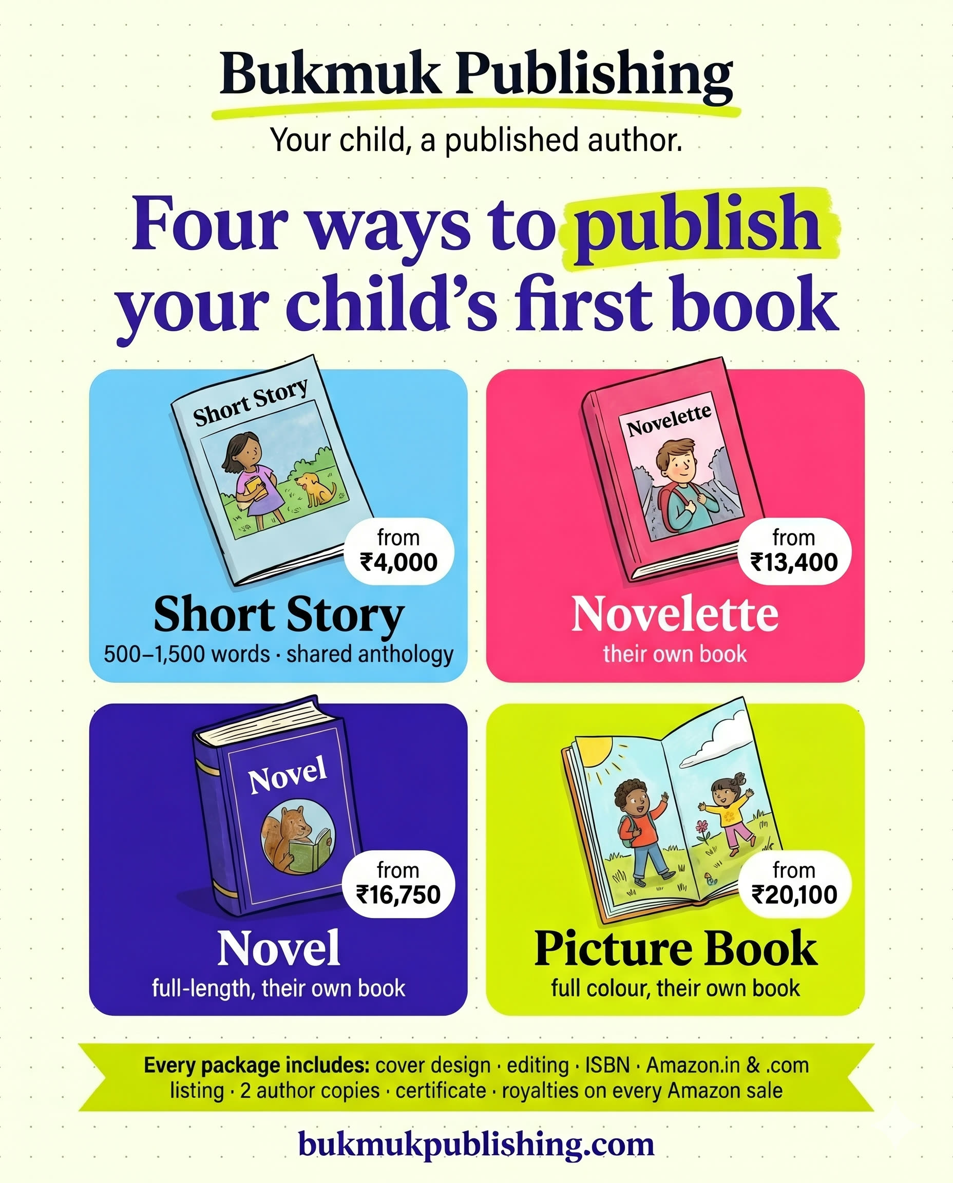 Bukmuk Publishing — four ways to publish your child's first book: Short Story from ₹4,000, Novelette from ₹13,400, Novel from ₹16,750, Picture Book from ₹20,100. Every package includes cover design, editing, ISBN, Amazon listing, 2 author copies and a certificate.