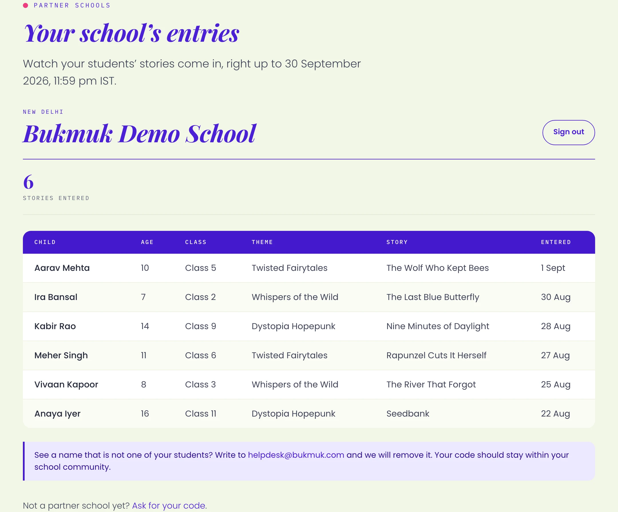 The school page showing a count of six stories and a table of entries.