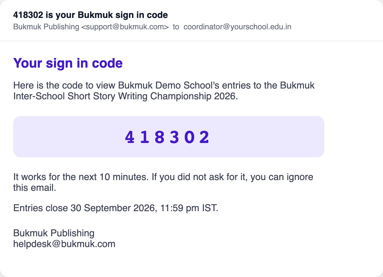 The email carrying a six digit sign in code.